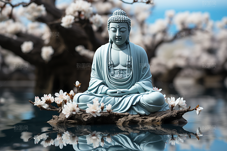 禅意佛像高山流水宗教素材