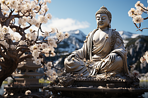 禅意佛像高山流水宗教素材