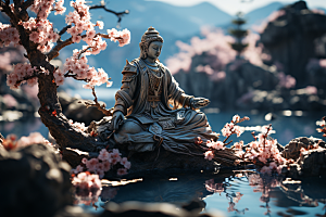 禅意佛像佛教高山流水素材