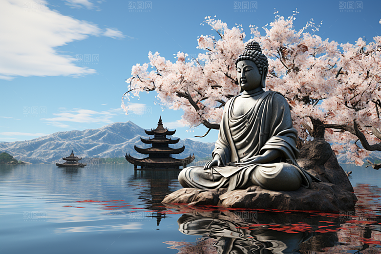 禅意佛像高清高山流水素材
