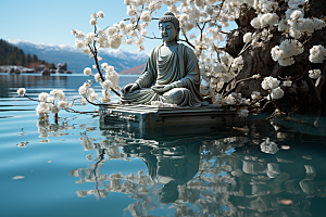 禅意佛像信仰高山流水素材