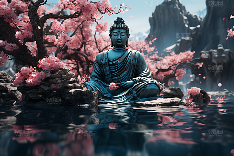 禅意佛像高山流水雕塑素材