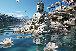 禅意佛像石雕高山流水素材