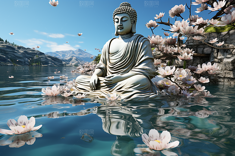禅意佛像石雕高山流水素材