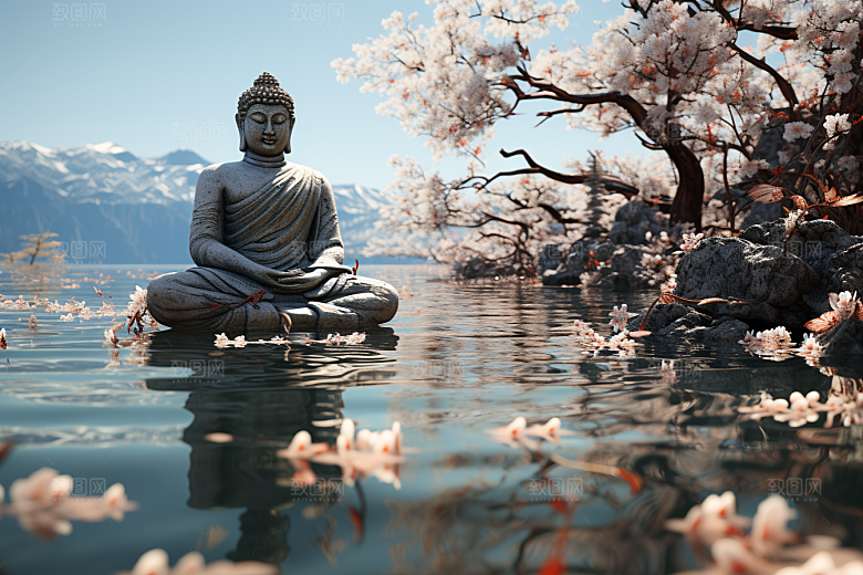 禅意佛像高山流水平和素材