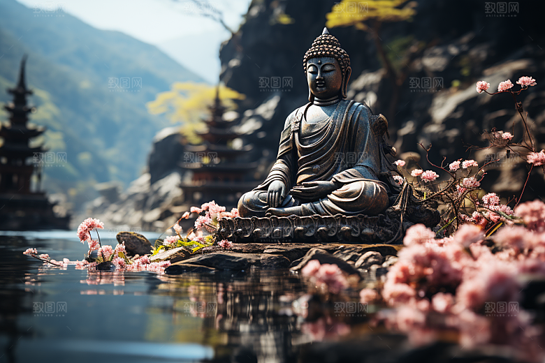 禅意佛像雕像高山流水素材