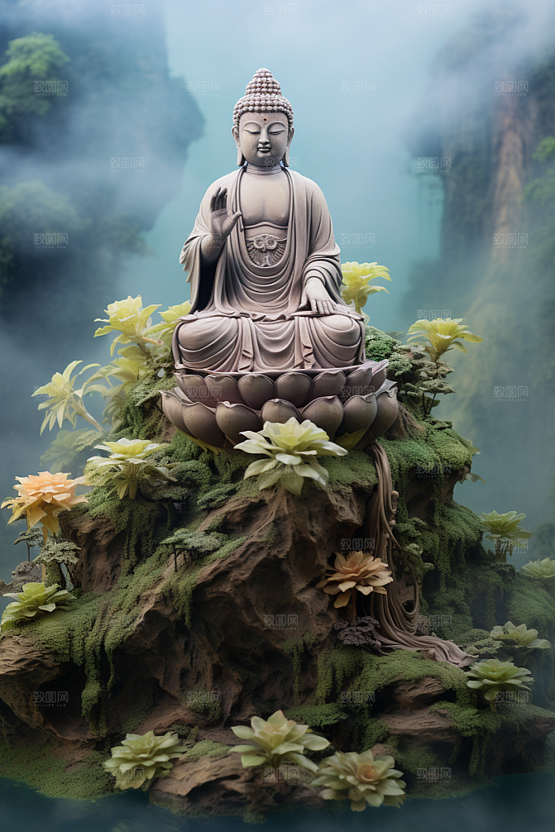 禅意佛像山水平和素材