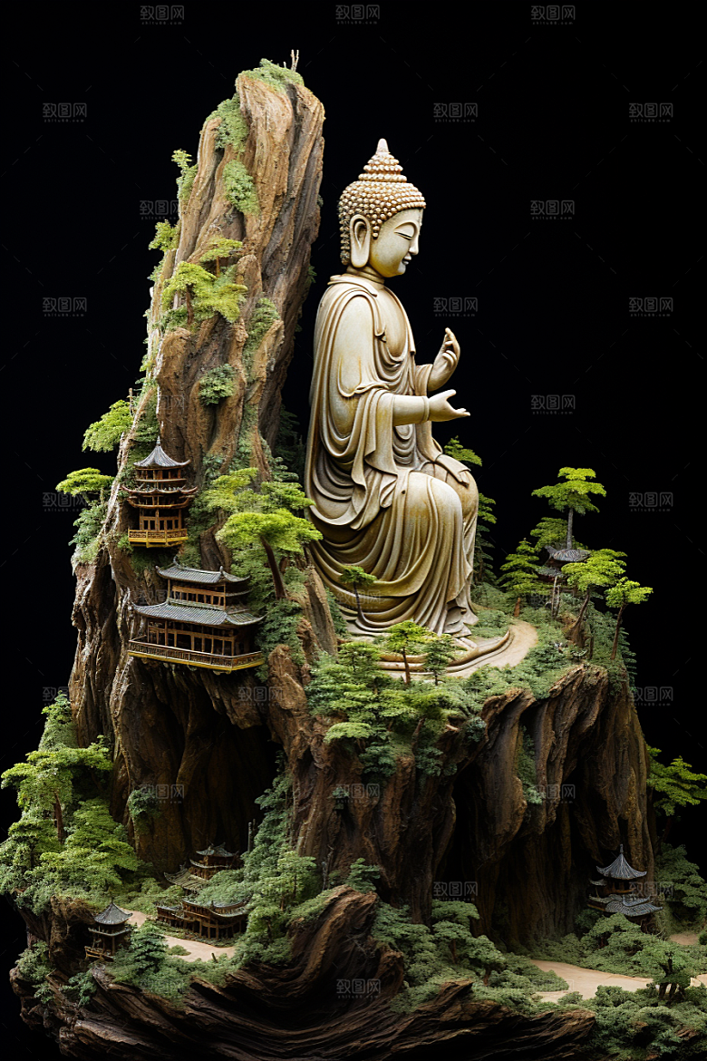 禅意佛像高山流水佛教素材