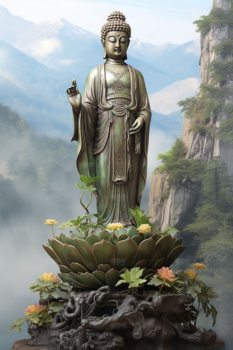 禅意佛像雕像高山流水素材