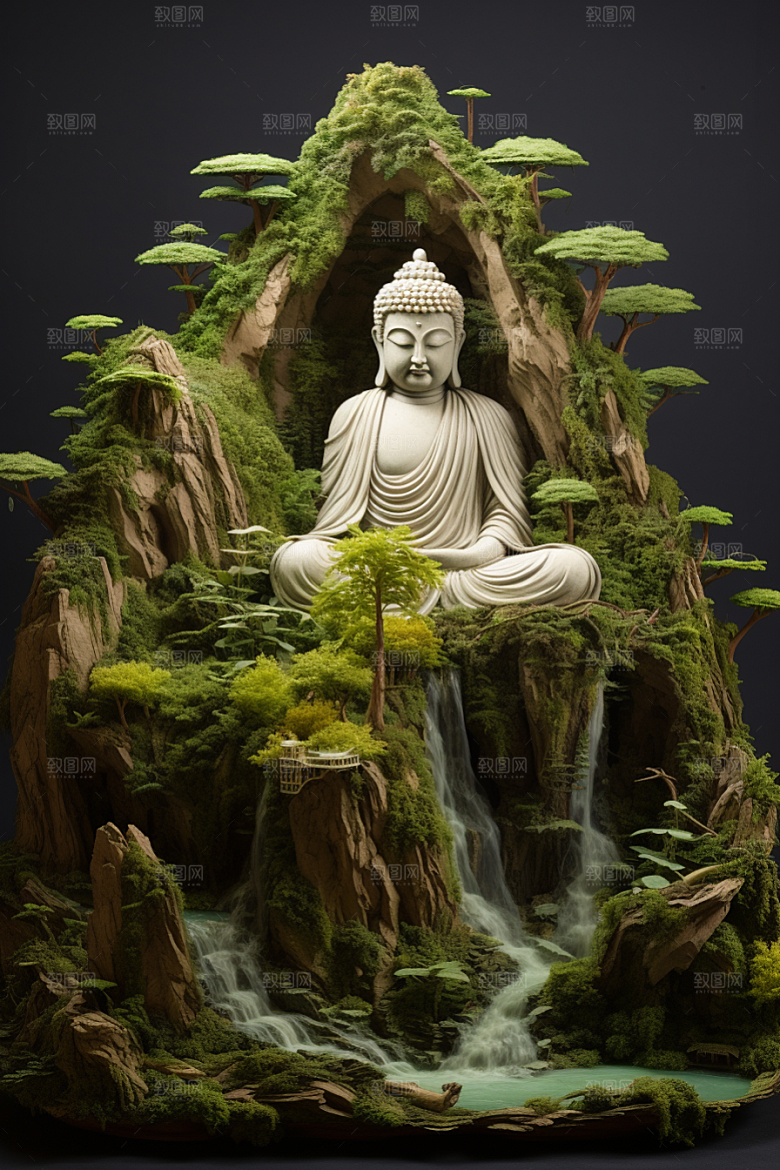 禅意佛像高山流水石雕素材