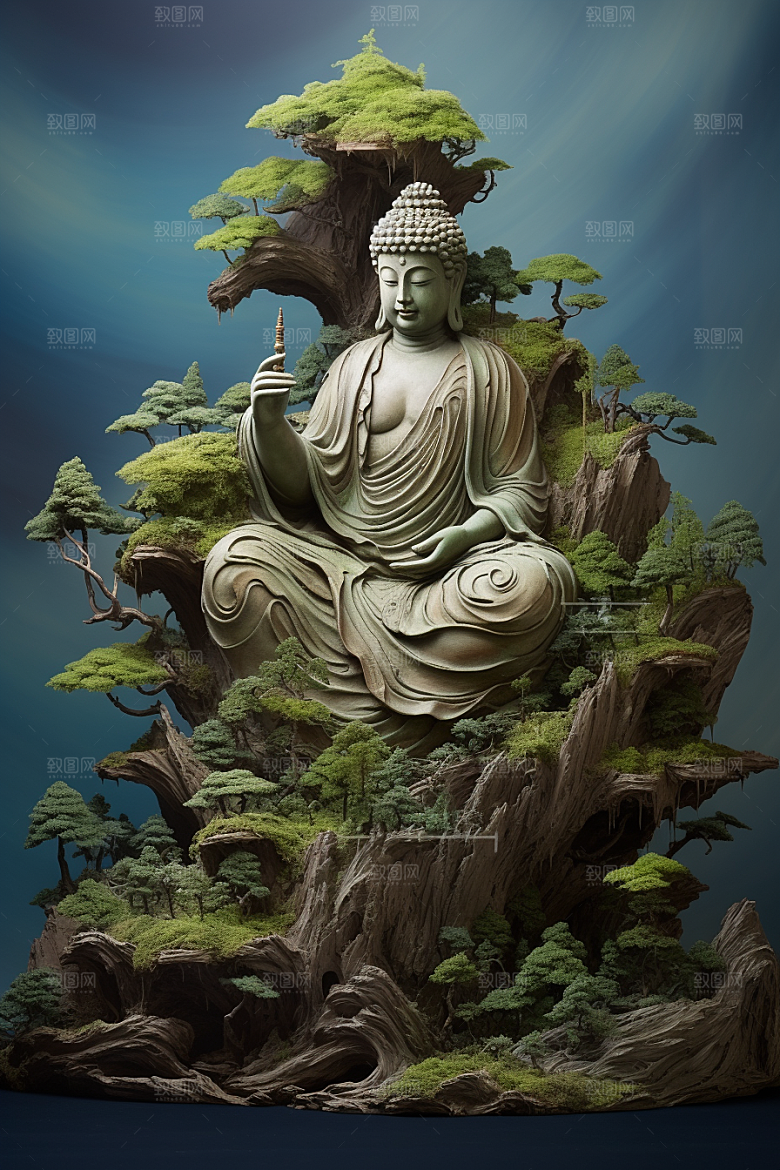 禅意佛像宗教高山流水素材