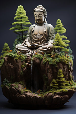 禅意佛像高山流水石雕素材