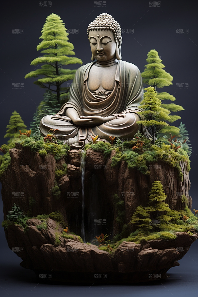 禅意佛像高山流水石雕素材
