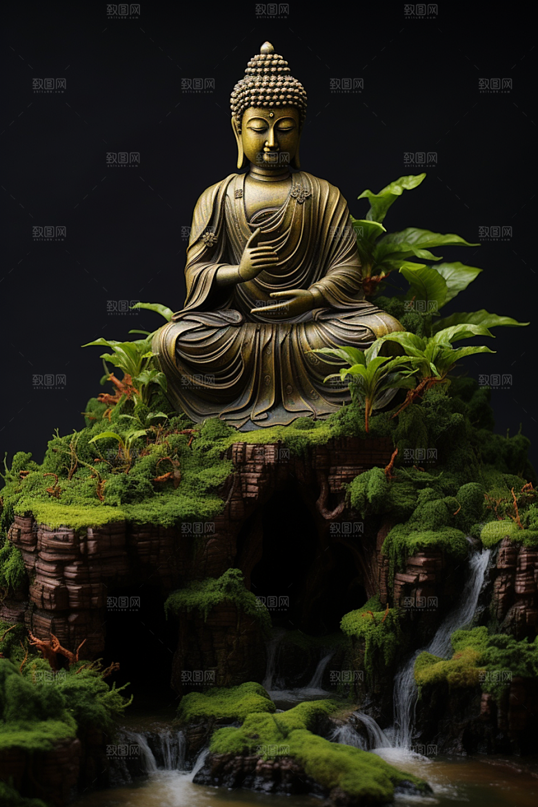 禅意佛像自然环境雕像素材