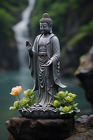 禅意佛像高山流水信仰素材
