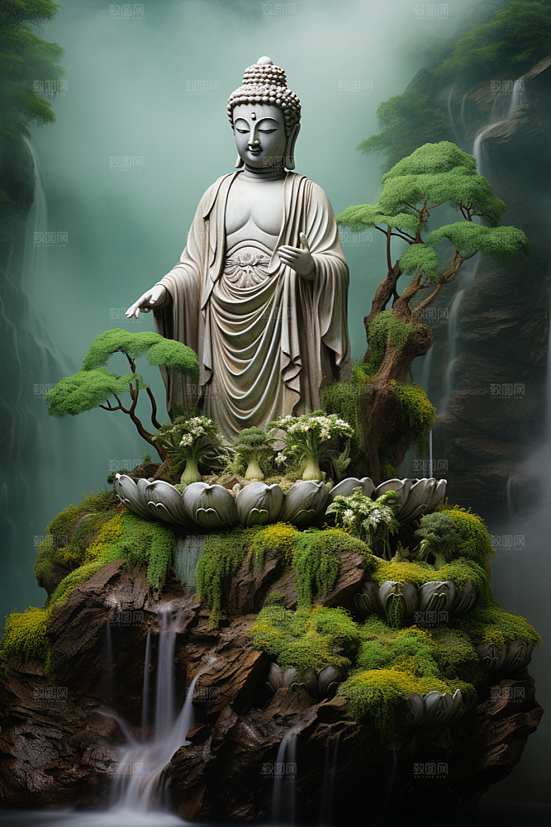 禅意佛像高山流水高清素材