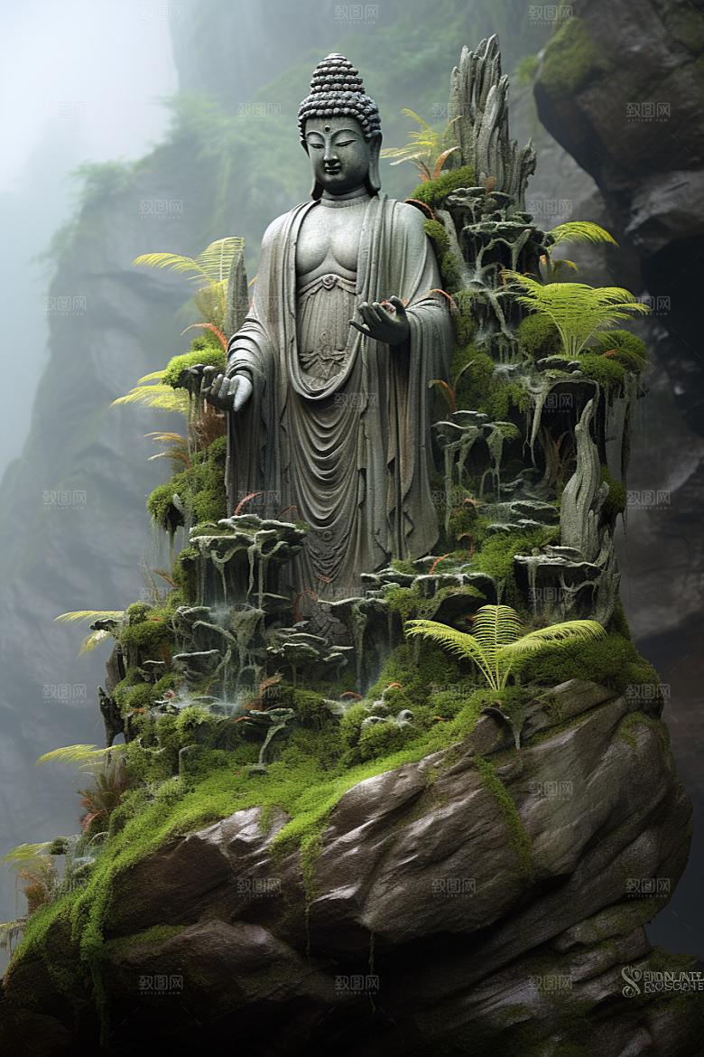 禅意佛像高山流水雕塑素材