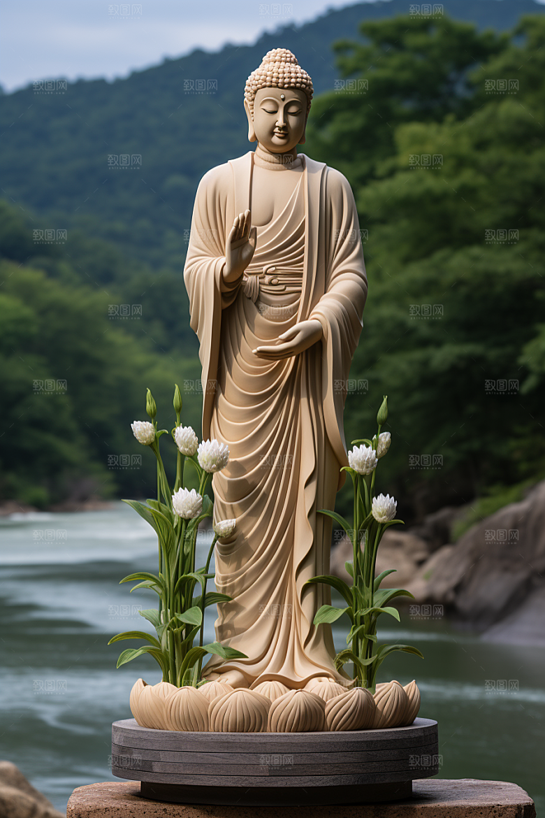 禅意佛像高山流水信仰素材