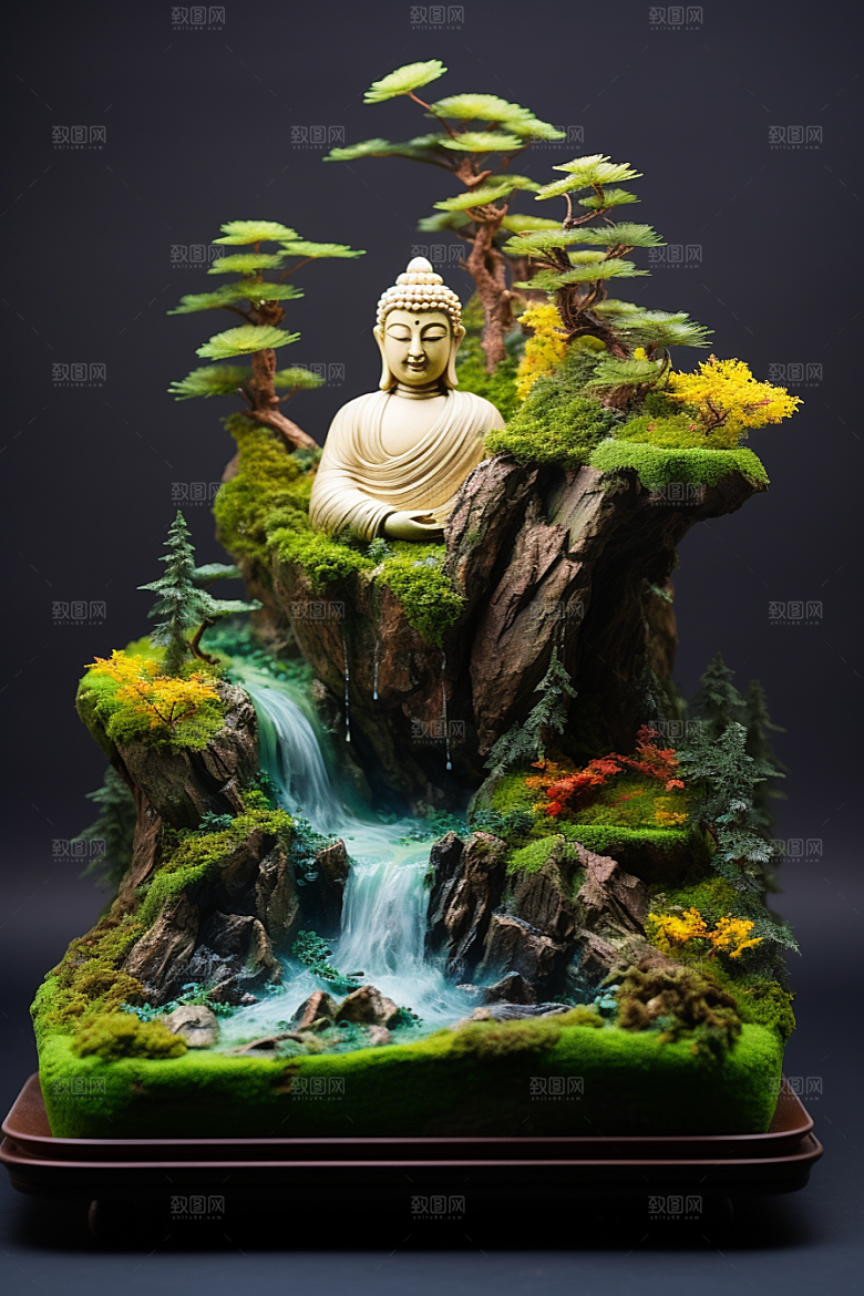 禅意佛像宗教高山流水素材