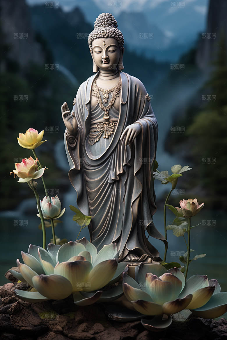 禅意佛像高山流水山水素材