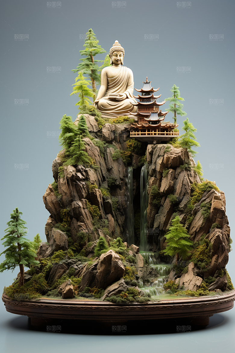 禅意佛像石雕高山流水素材