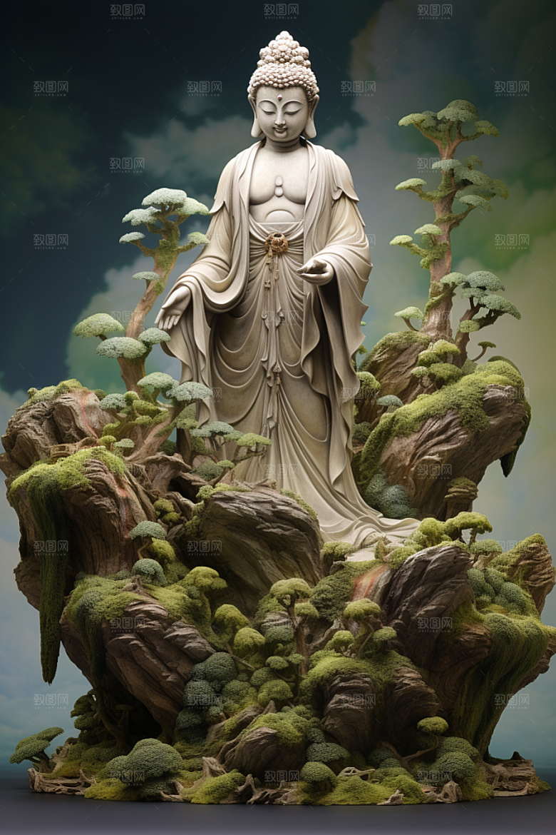 禅意佛像高山流水高清素材
