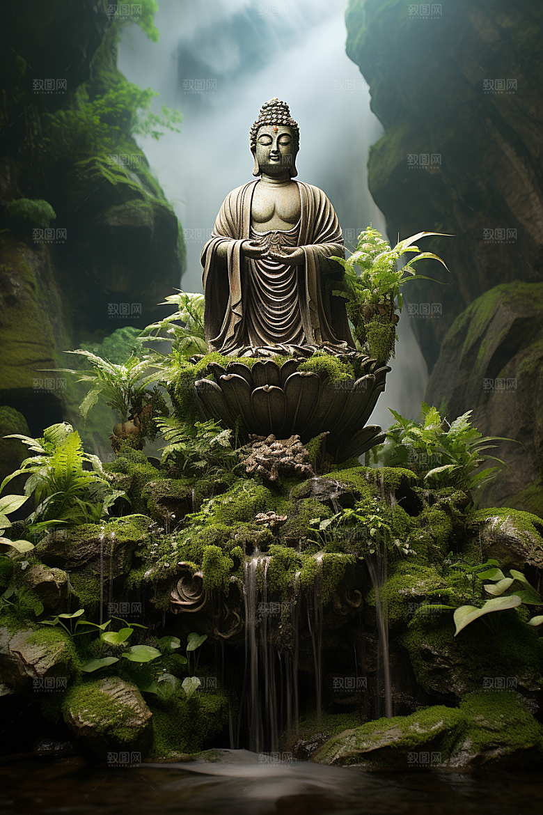 禅意佛像高山流水宗教素材