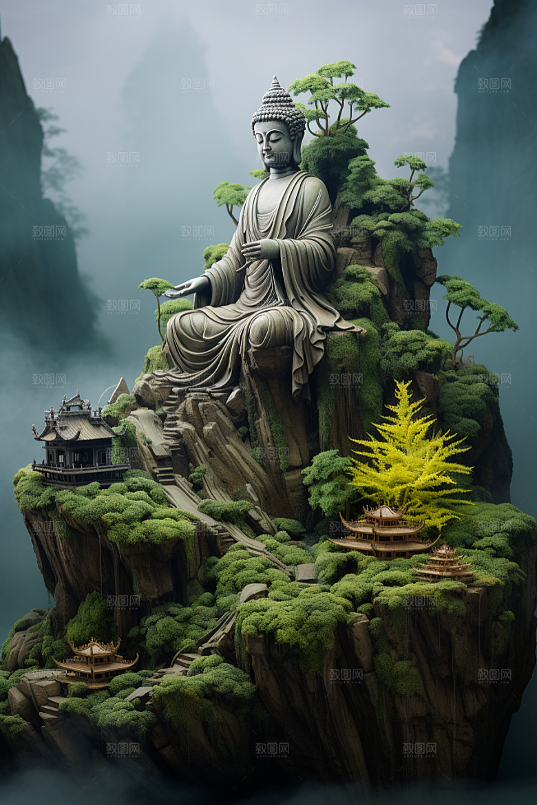 禅意佛像自然环境雕塑素材