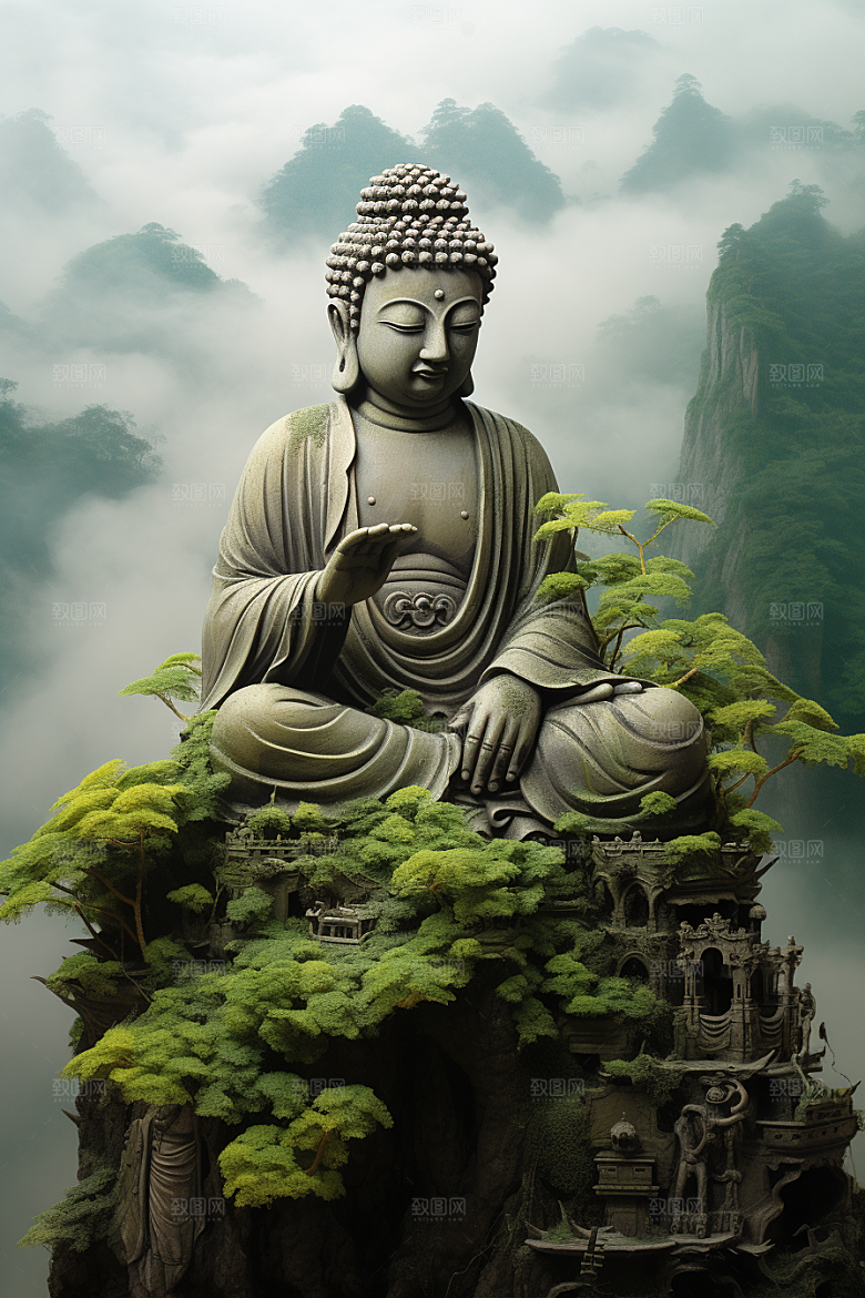禅意佛像雕像高山流水素材