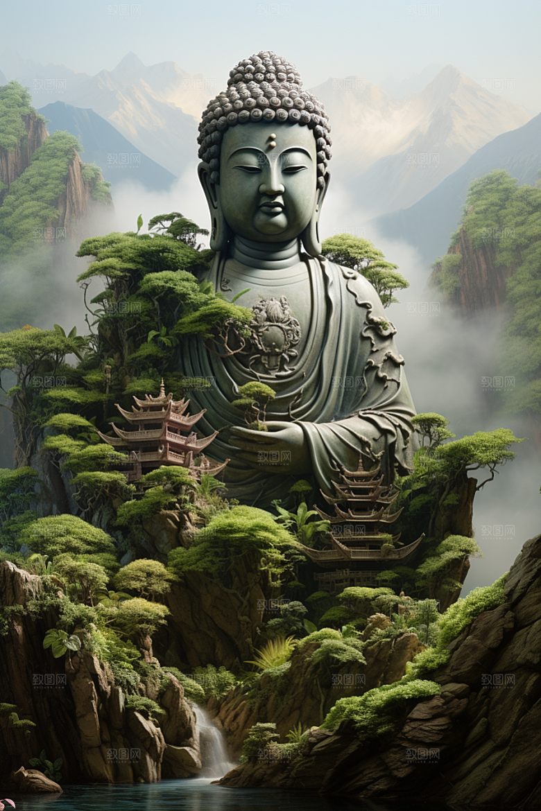 禅意佛像高山流水自然环境素材