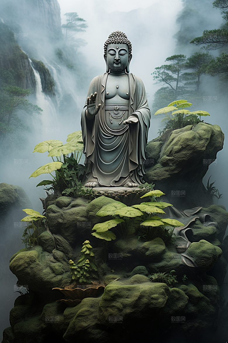 禅意佛像高清高山流水素材