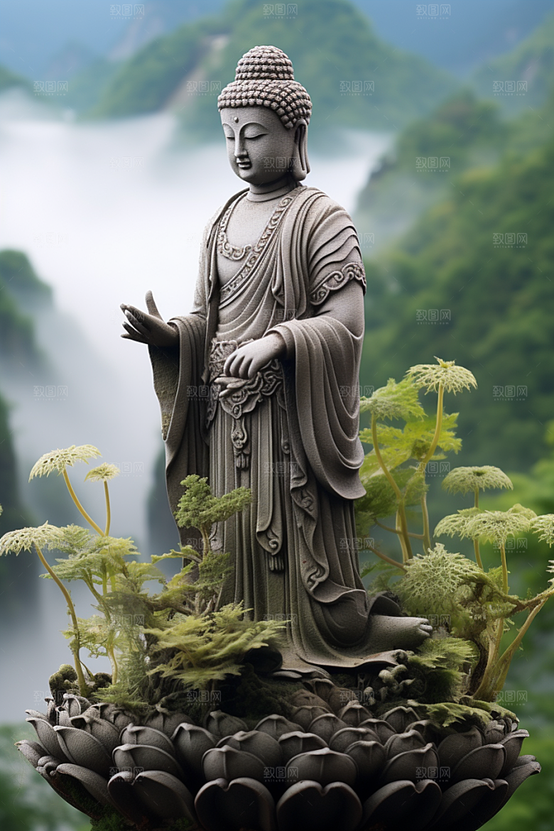 禅意佛像平和高山流水素材