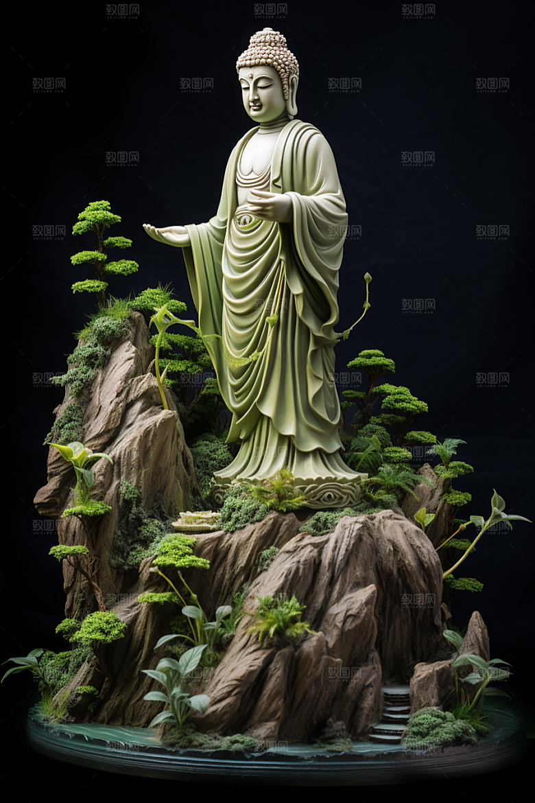 禅意佛像高山流水平和素材