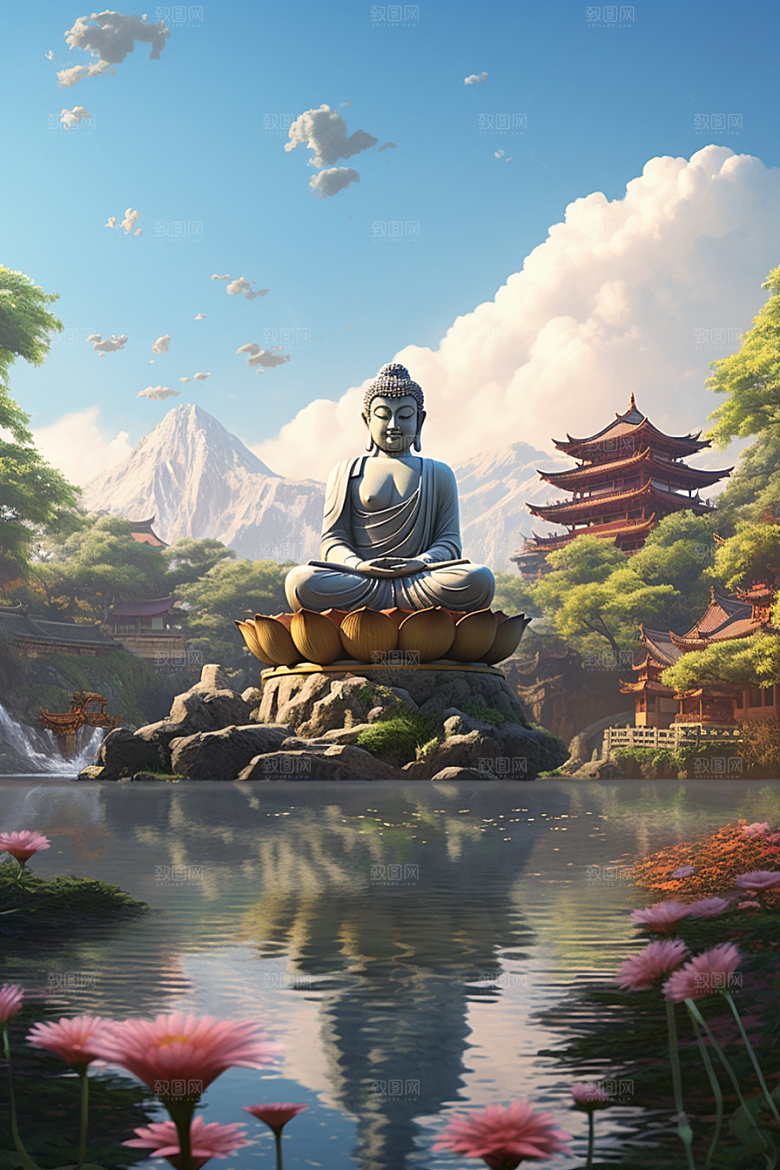 禅意佛像平和高山流水素材