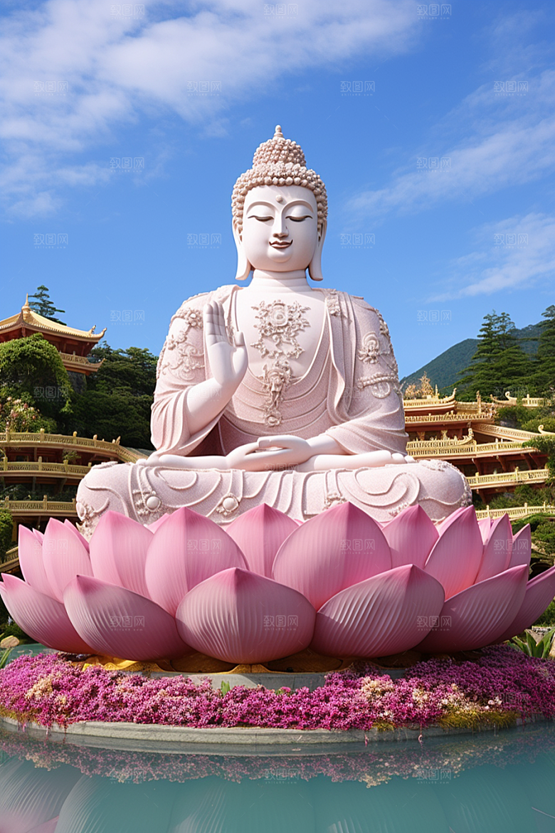 禅意佛像雕像高山流水素材