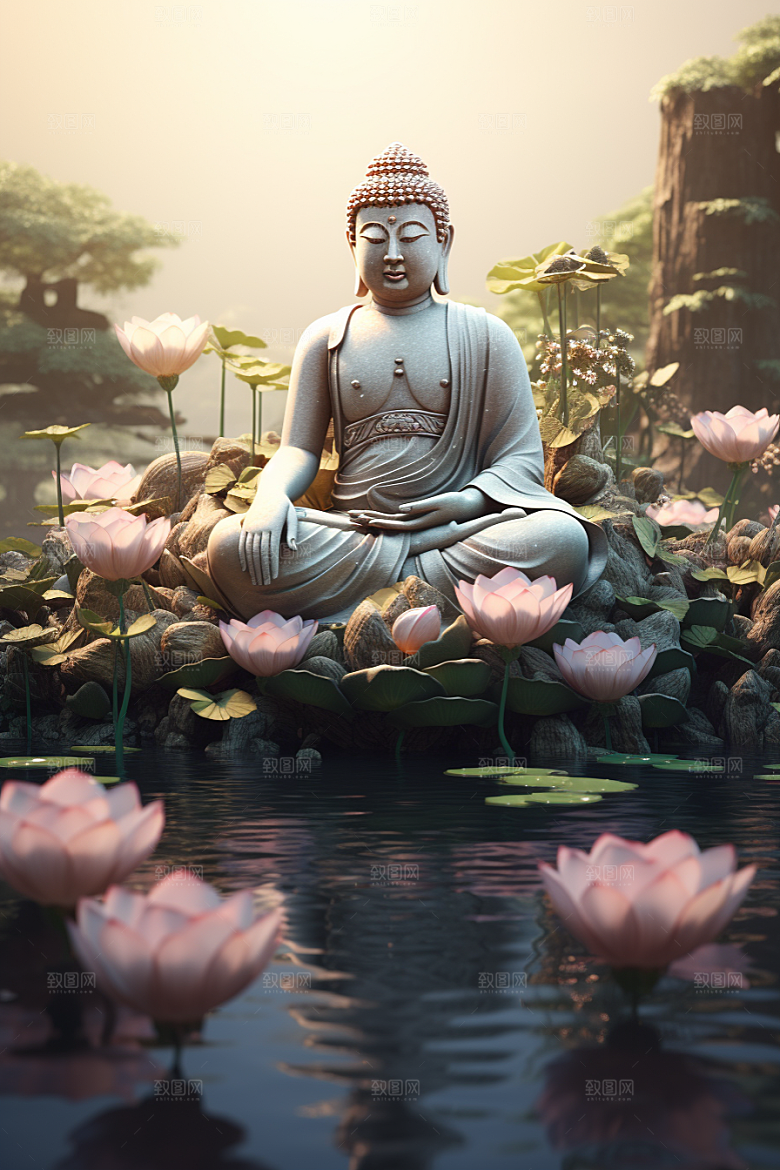 禅意佛像自然环境雕像素材