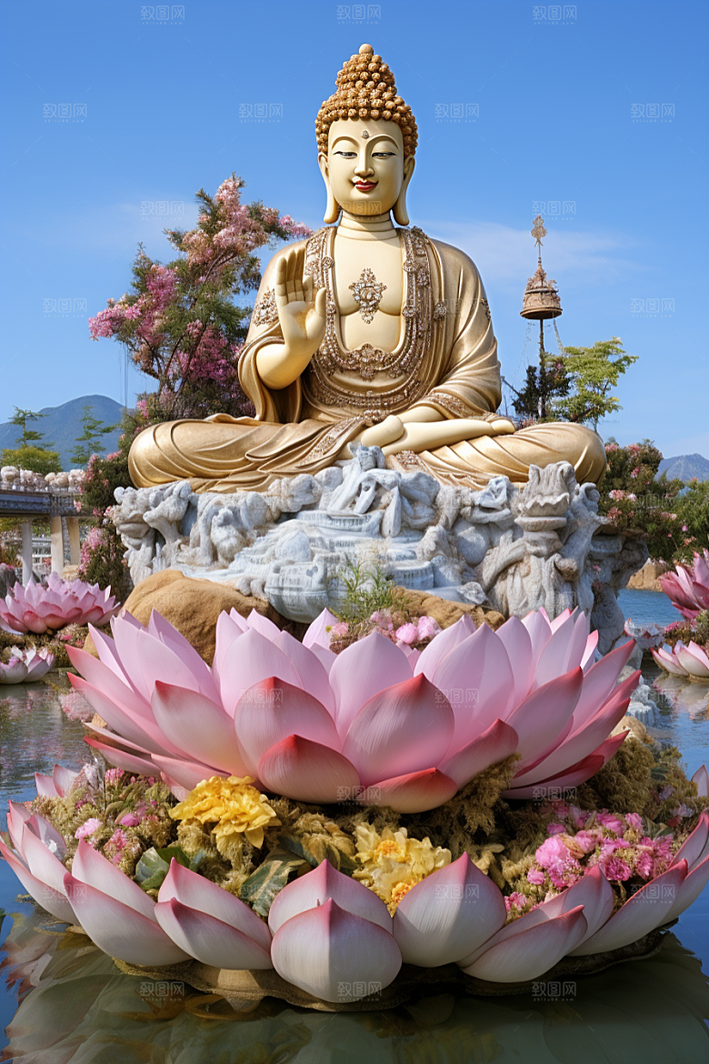 禅意佛像雕塑高山流水素材