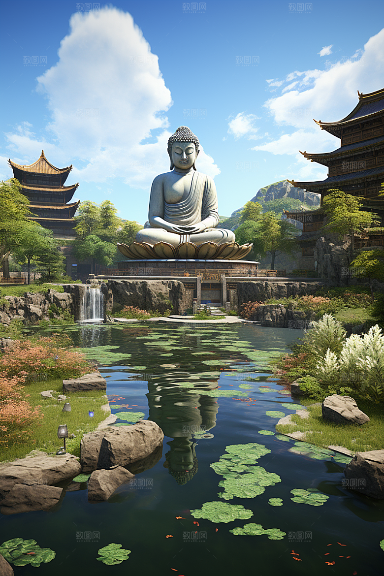 禅意佛像山水高山流水素材