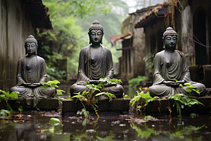 禅意佛像雕塑高山流水素材