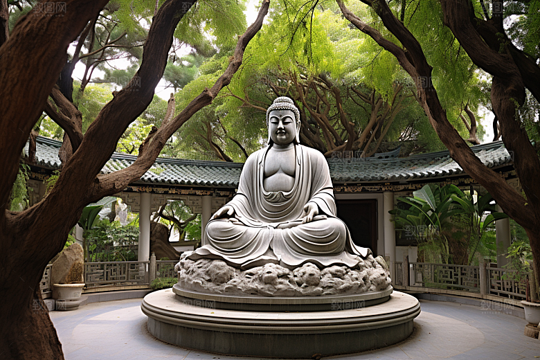 禅意佛像高山流水佛教素材