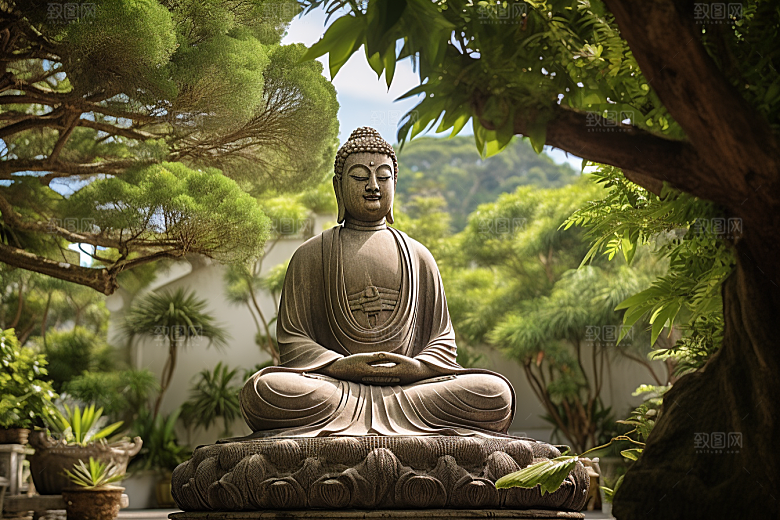 禅意佛像高山流水宗教素材