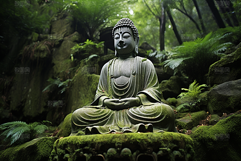禅意佛像高山流水雕像素材