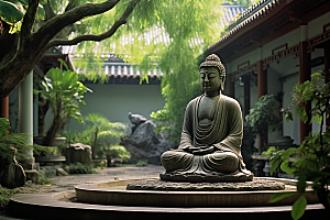 禅意佛像石雕高山流水素材