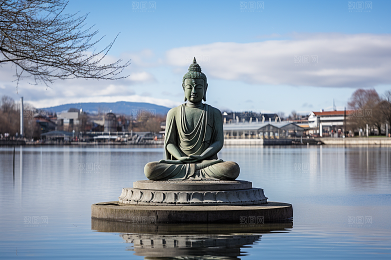 禅意佛像平和高山流水素材