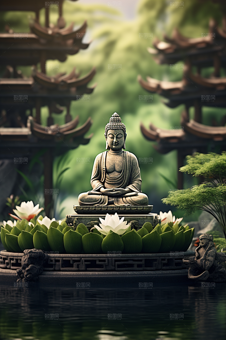禅意佛像平和自然环境素材