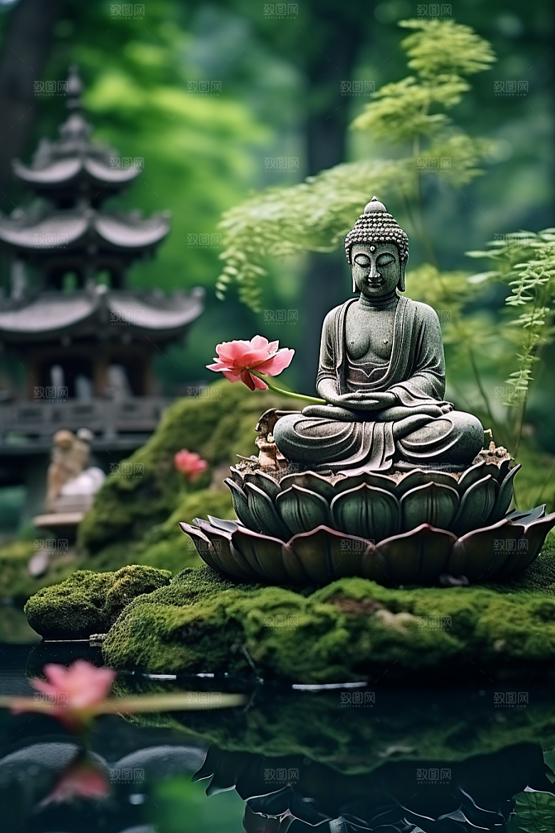 禅意佛像高山流水山水素材