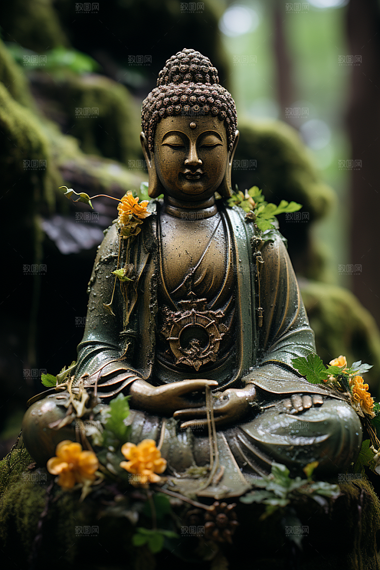 禅意佛像佛教高山流水素材