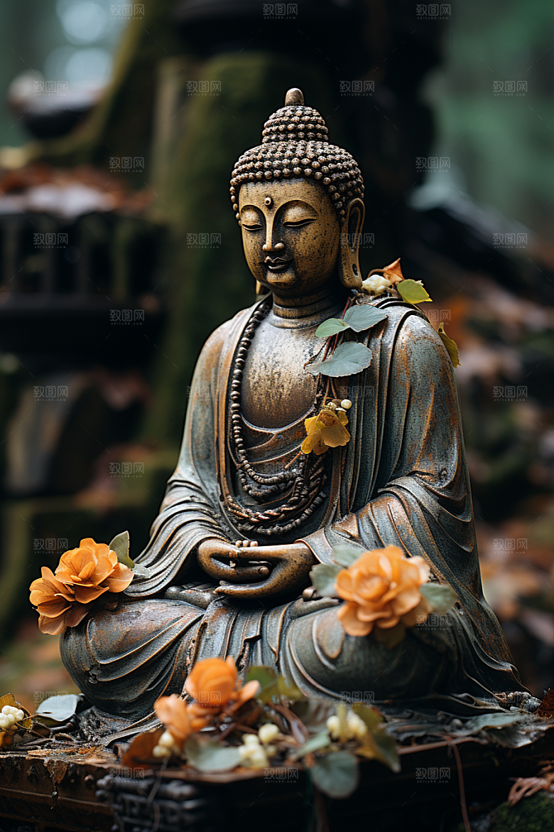 禅意佛像宗教高山流水素材