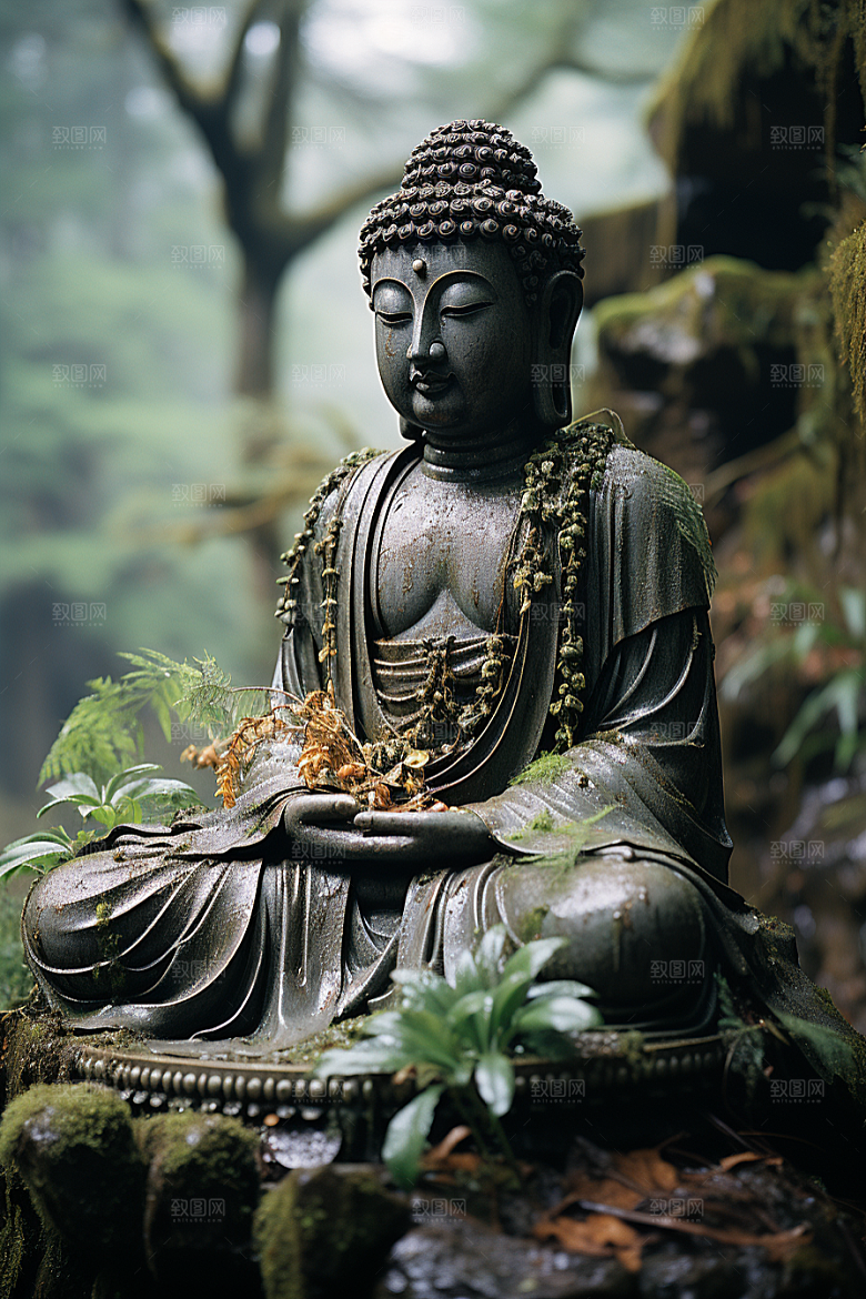 禅意佛像石雕高山流水素材