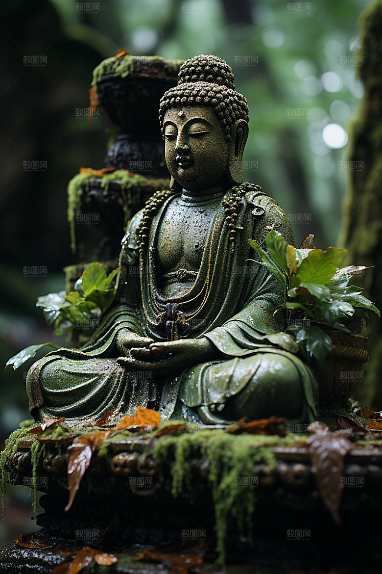 禅意佛像石雕自然环境素材